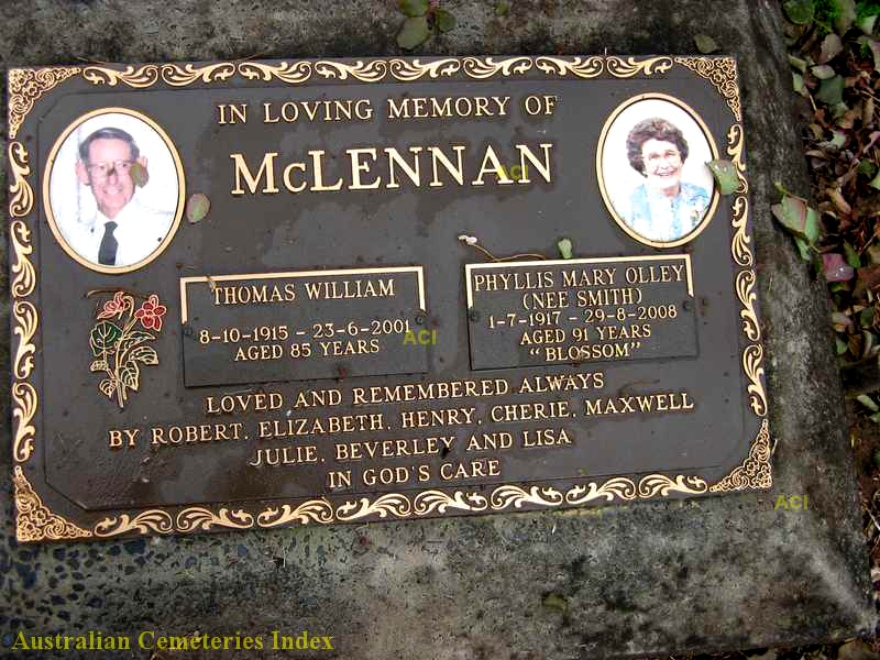 Photo of headstones/Thomas William McLennan 1915-2001 hdstn Lismore Mem Gdns NSW